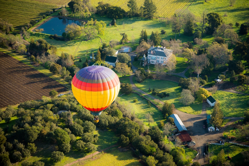 A colorful hot air balloon floats above lush vineyards and a large house surrounded by trees.